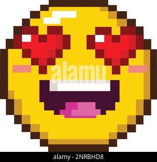 8bit pixel art of an emoji emoticon in love, with heart-shaped eyes Stock Vector