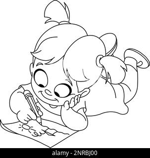 Outlined smiling little girl drawing on the floor, Vector line art illustration coloring page. Stock Vector