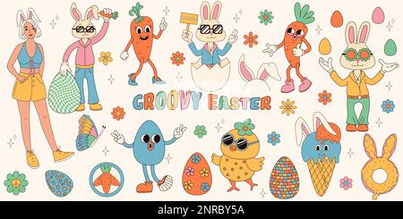 Groovy hippie Happy Easter set. Easter bunny, eggs, butterflies, cupcakes, chickens. Set of cartoon characters and elements in trendy retro 60s 70s ca Stock Vector