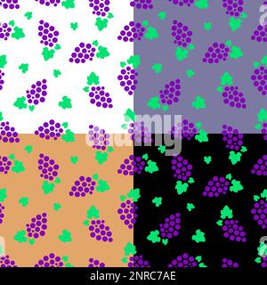 Set of seamless patterns with sketchy bunch of grapes and leaves. Ornament for decoration and printing on fabric. Design element. Vector Stock Vector
