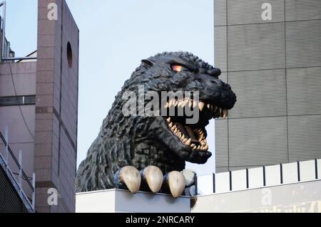 A life-sized Godzilla appears at Kabukichō in Shinjuku Ward, Tokyo