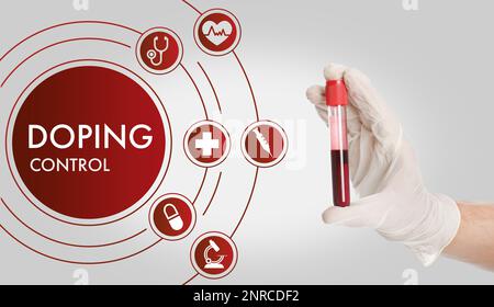 Doping control. Virtual icons and scientist holding test tube with blood sample on light background, closeup Stock Photo