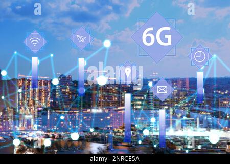 6G network wireless system. Beautiful cityscape and network connection lines Stock Photo
