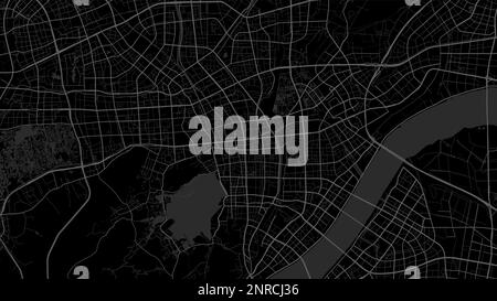 Dark black Hangzhou city area vector background map, roads and water illustration. Widescreen proportion, digital flat design roadmap. Stock Vector