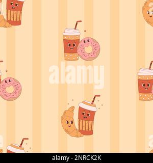 Retro seamless pattern. Cute groovy characters of coffee to go, donut and croissant on striped yellow background. Vector Illustration for wallpaper, d Stock Vector