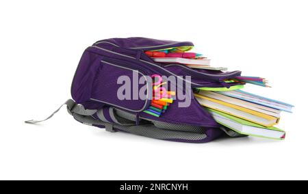 Purple backpack with different school supplies isolated on white Stock Photo
