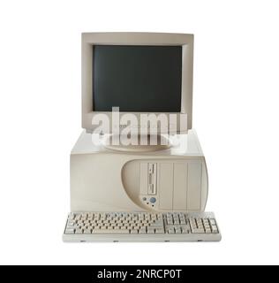 Old computer monitor, keyboard and system unit on white background Stock Photo