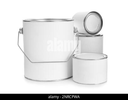 Set of blank paint cans isolated on white Stock Photo