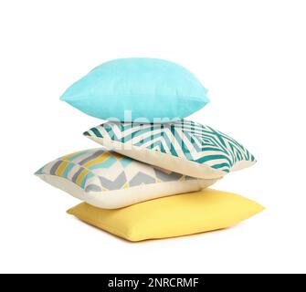 Different colorful decorative pillows on white background Stock Photo