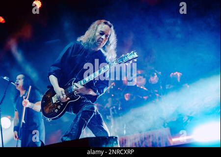 Copenhagen, Denmark. 22nd, February 2023. The German thrash metal band Kreator performs a live concert at Forum Black Box at Frederiksberg, Copenhagen. Here guitarist Sami Yli-Sirnio is seen live on stage. (Photo credit: Gonzales Photo - Nikolaj Bransholm). Stock Photo