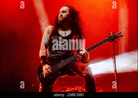 Copenhagen, Denmark. 22nd, February 2023. The German thrash metal band Kreator performs a live concert at Forum Black Box at Frederiksberg, Copenhagen. Here bass player Frederic Leclercq is seen live on stage. (Photo credit: Gonzales Photo - Nikolaj Bransholm). Stock Photo