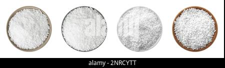 Set with ammonium nitrate pellets in bowls on white background, top view. Mineral fertilizer Stock Photo