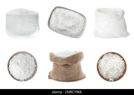 Set with ammonium nitrate pellets on white background. Mineral fertilizer Stock Photo