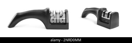 Modern handheld sharpener for knife on white background, collage. Banner design Stock Photo