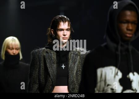 Milan, Italy. 26th Feb, 2023. Models present creations from ANNAKIKI Fall/Winter 2023/2024 collection during Milan Fashion Week in Milan, Italy, Feb. 26, 2023. Credit: Jin Mamengni/Xinhua/Alamy Live News Stock Photo