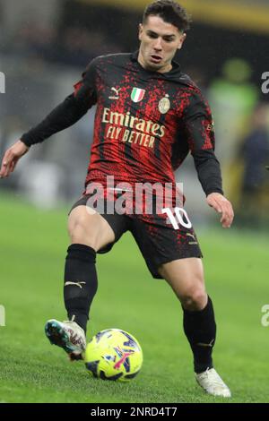 Milan, Italy. 26th Feb, 2023. Brahim Diaz #10 shoots in the Serie A match between AC Milan and Atalanta Bergamo at the Stadio Giuseppe Meazza on February 26th 2023 in Milan, Italy Credit: Mickael Chavet/Alamy Live News Stock Photo