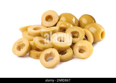 Cut fresh green olives on white background Stock Photo