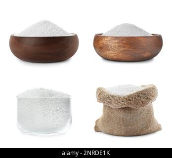 Set with ammonium nitrate pellets on white background. Mineral fertilizer Stock Photo