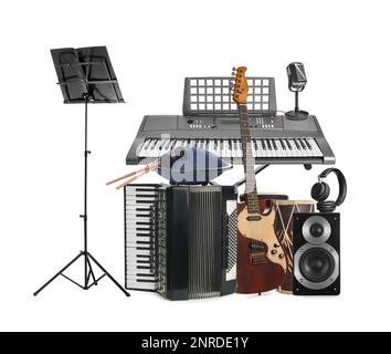 Group of different musical instruments on white background Stock Photo