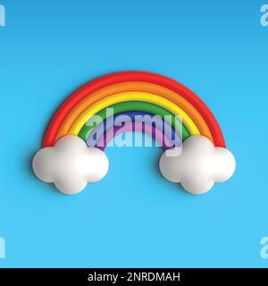 3d Rainbow with Clouds on blue background. Vector illustration Stock Vector