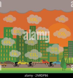 Polluted road in a town with clouds above that have co2 symbol on them Stock Vector