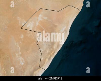 Mudug, region of Somalia. Low resolution satellite map. Locations and ...