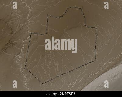 Bay, region of Somalia Mainland. Elevation map colored in sepia tones with lakes and rivers Stock Photo