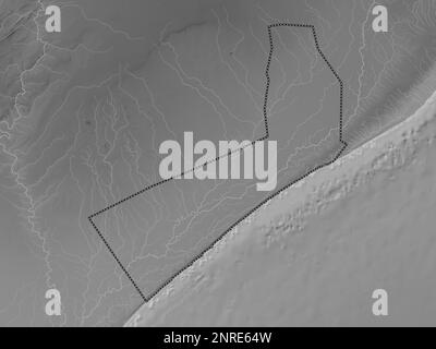 Shabeellaha Hoose, region of Somalia Mainland. Grayscale elevation map with lakes and rivers Stock Photo