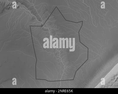 Hiiraan, region of Somalia Mainland. Grayscale elevation map with lakes and rivers Stock Photo