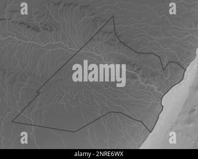 Nugaal, region of Somalia Mainland. Grayscale elevation map with lakes and rivers Stock Photo