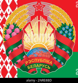 Belarus coat of arms on the national flag, european country, vector illustration Stock Vector