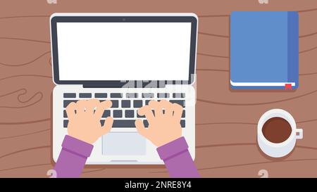 Man hands working on laptop with coffee cup and diary on table. Top view vector illustration Stock Vector