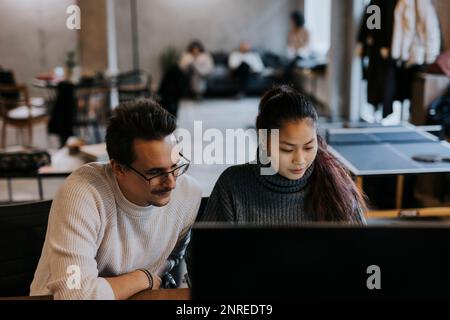 Multiracial male and female hackers working on laptop in startup company Stock Photo