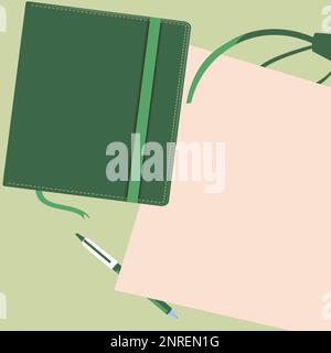 Notebook laying on desk. Blank paper near books. Bright colored vector illustration. Pencil, pen, different school office supplies. Empty space for Stock Vector