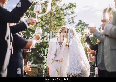 Affectionate bride and groom kissing on mouth amidst guests raising toasts at wedding ceremony Stock Photo