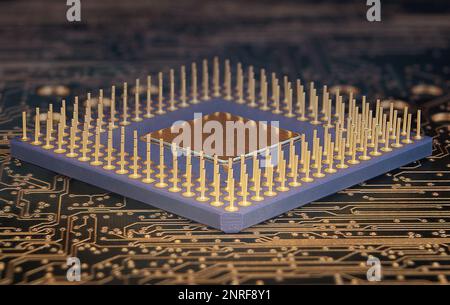 PGA package CPU IC close up on printed circuit board background Stock Photo