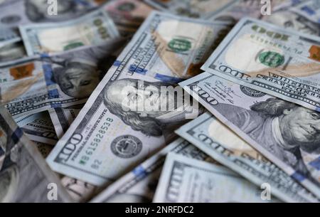 One hundred dollars banknotes. Official currency of the United States of America. 100 USD notes, American US dollar paper bills obverse. Stock Photo