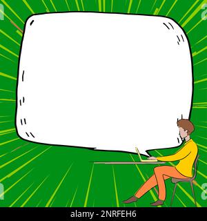 Man sitting at the table with laptop. Big white speech bubble for text overhead. Empty Dialog box on bright colored background. Vector drawing Stock Vector