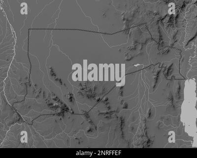 Eastern Equatoria, state of South Sudan. Grayscale elevation map with lakes and rivers Stock Photo