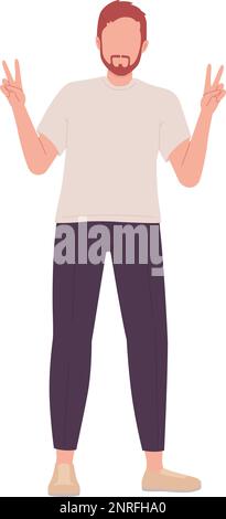 Bearded man posing with peace sign semi flat color vector character Stock Vector