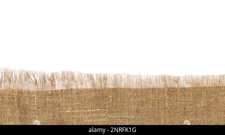 A piece of burlap with fringe on white background for text or banner. Stock Photo