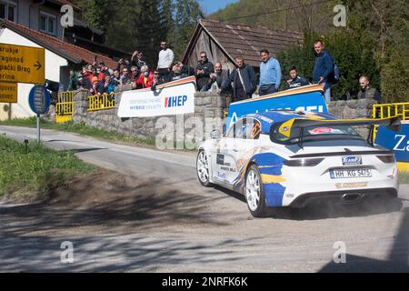 Alpine WRC race car drifting through a hairpin corner at Rally Croatia ...