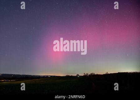 Handout photo dated 26/02/23 taken with permission from the twitter account of Alex Murison of the northern lights over Shropshire. Issue date: Monday February 27, 2023. Stock Photo