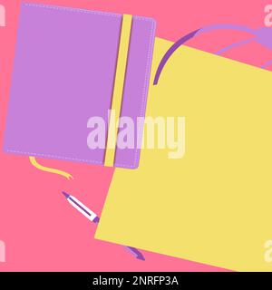 Notebook laying on desk. Blank paper near books. Bright colored vector illustration. Pencil, pen, different school office supplies. Empty space for Stock Vector