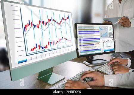 businessman works  Statistics Data Dashboard Information Business Technology and Strategy Research Stock Photo