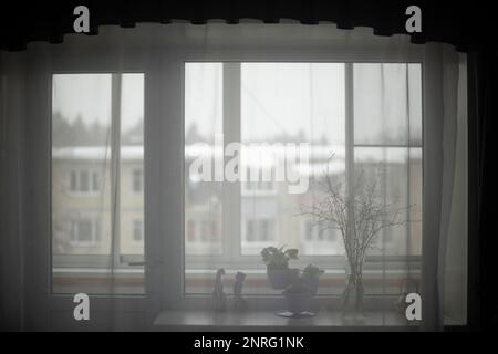 Curtains houses. Transparent curtains on window. Interior details. Stock Photo