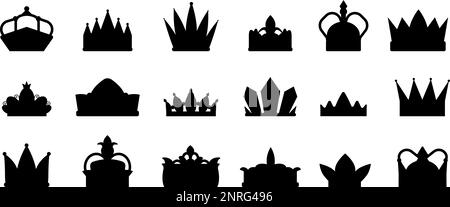 Royal crowns black icons. Winner crown, knight queen or king coronation symbols. Tiara silhouettes, prince princess flat decent vector signs Stock Vector