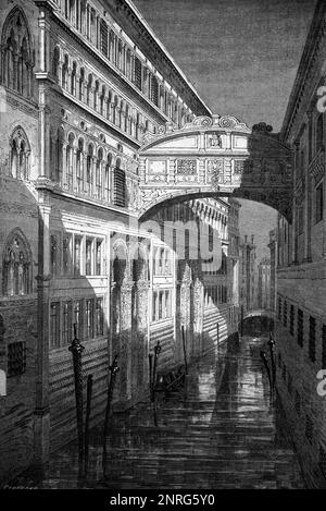 Bridge of Sighs (1600-1603), Ponte dei Sospiri, over the Rio di Palazzo Canal Venice Italy. Vintage Illustration or Engraving 1862 Stock Photo