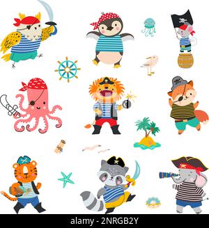 Animal pirates, brave sea pirate lion, raccoon and fox. Cartoon animals wear ocean robber and ship captain costumes, funny nowaday childish vector Stock Vector