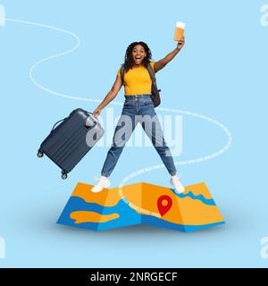 Glad excited young black female in casual with backpack, suitcase and passport, tickets going to vacation Stock Photo